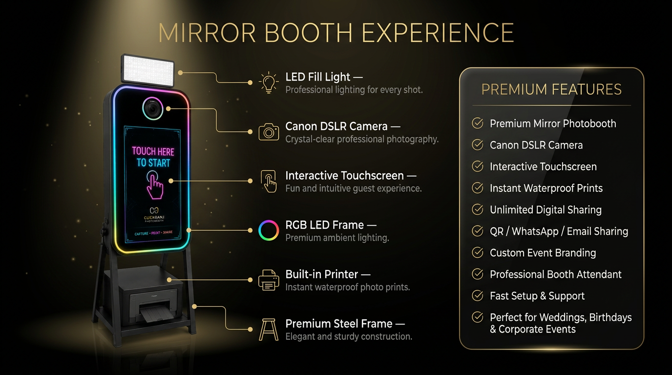 Mirror Booth Experience infographic showing the Clickganj mirror photobooth features: LED fill light, Canon DSLR camera, interactive touchscreen, RGB LED frame, built-in printer, premium steel frame, and a premium features list