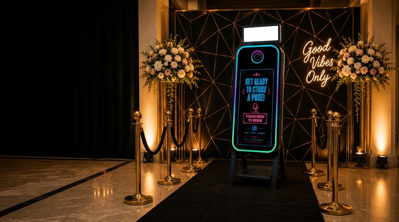 Luxury mirror photobooth rental in Lucknow set up at an elegant evening wedding reception